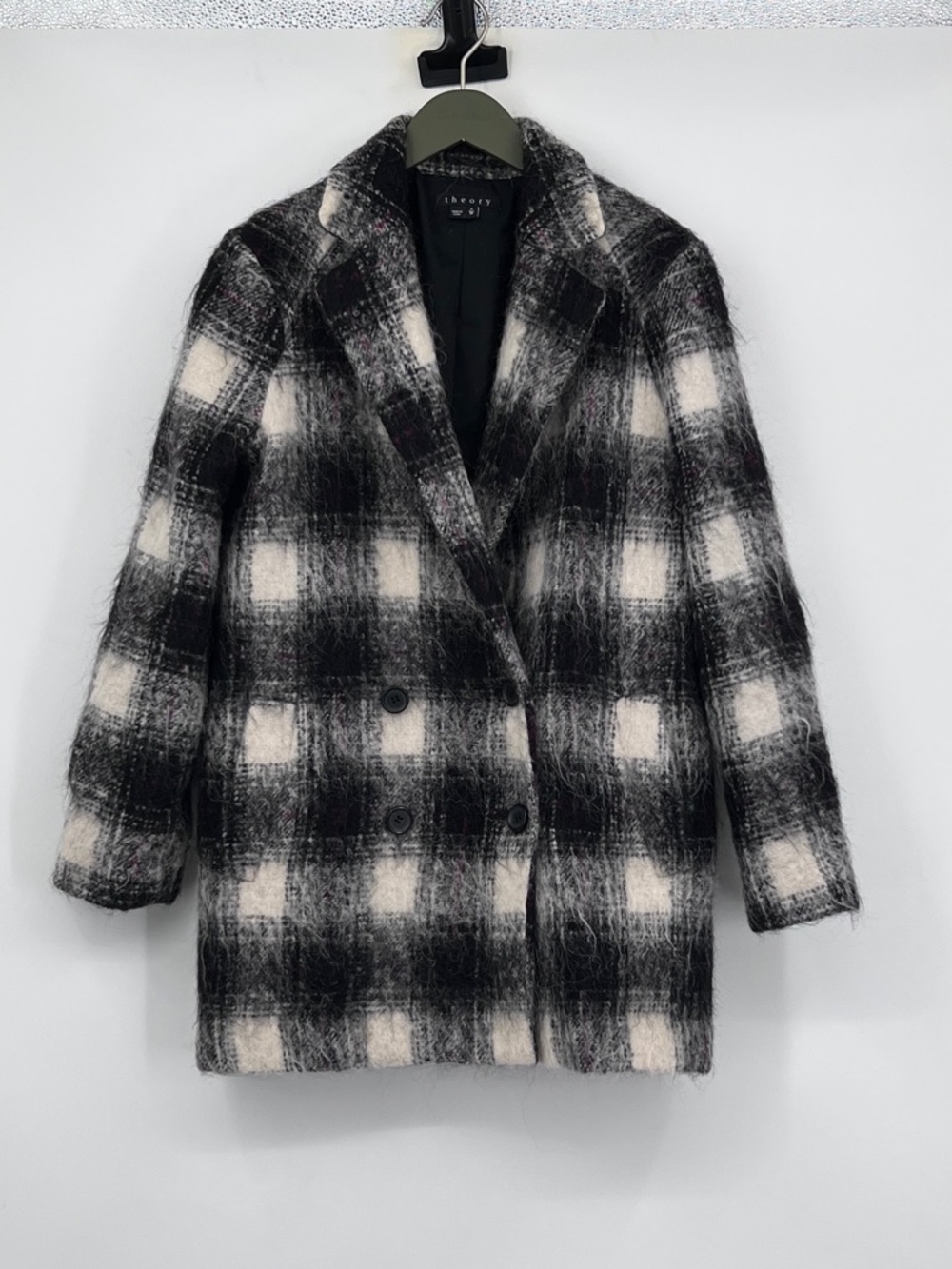 Theory Black & White Plaid Double-Breasted Coat Wool Mohair Plaid Jacket Coat P